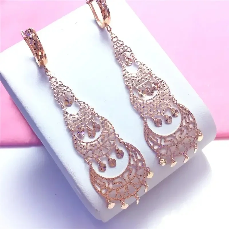 

Plated 14K Rose Gold Shiny Fringe Drop Long Earrings for Women 585 Purple Gold earrings Engagement Luxury Moroccan Jewelry