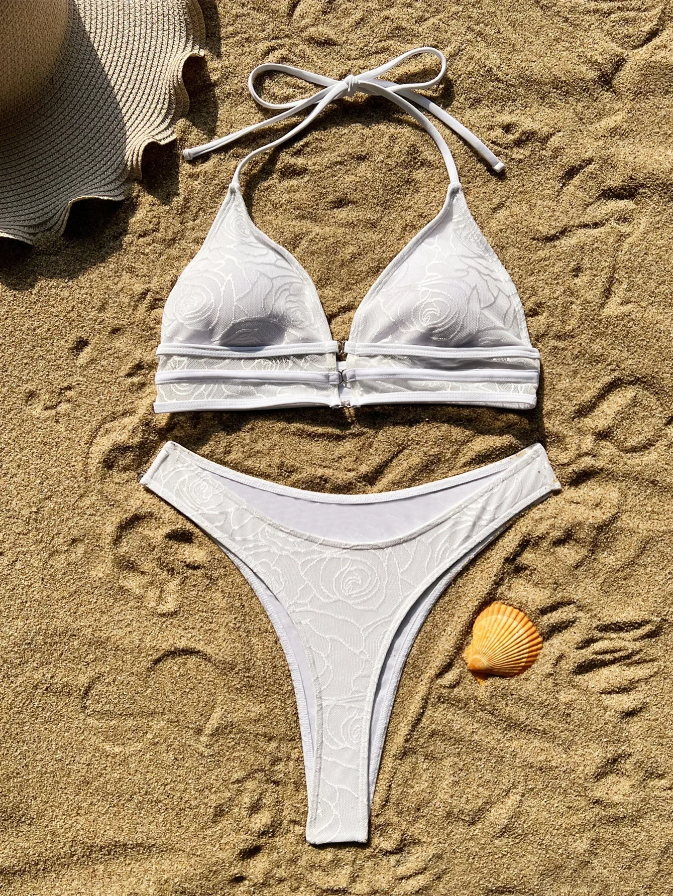

sexy white floral print mesh halter bikini set two pieces push up high waist thong swimsuit bathing suit swimwear biquini bakini