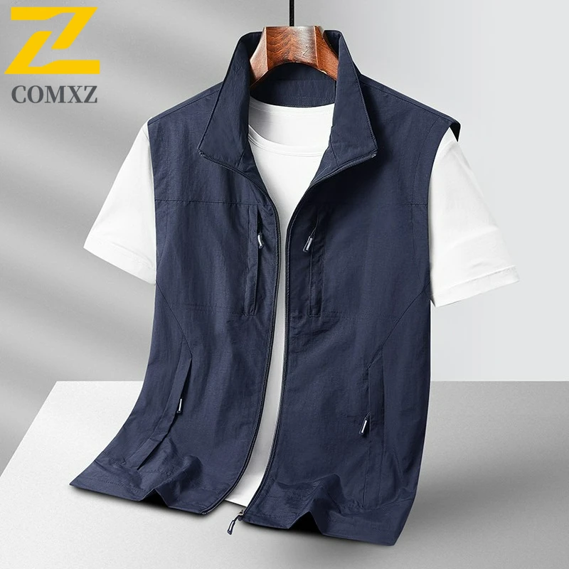 Men Lightweight Utility Vest 2025 New Sleeveless Stand Collar Multi Pocket Vests Outdoor Camping Breathable Versatile Waistcoat