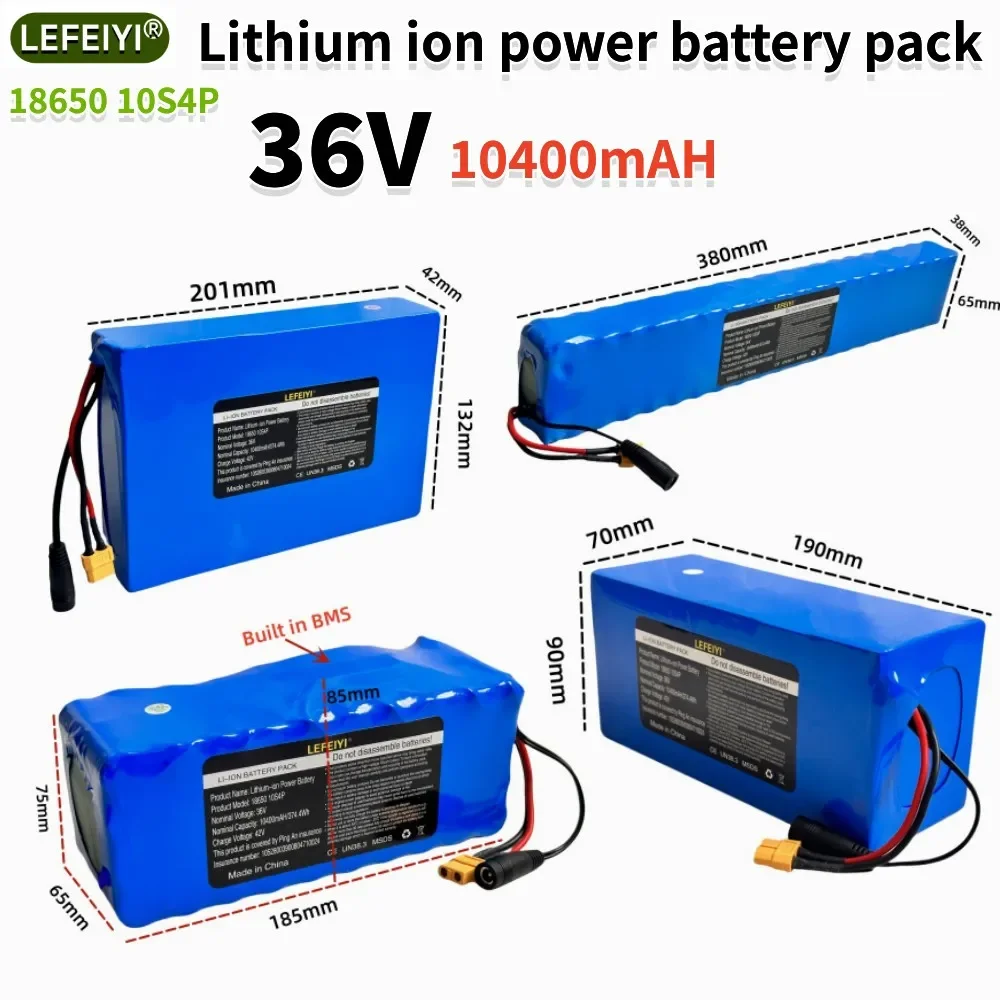 36V 10.4Ah Large Capacity Lithium Battery, High-power Battery with Built-in BMS Protection 18650 10S4P