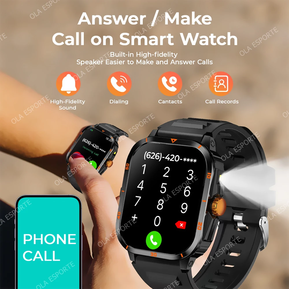 New Outdoor Smart Watch Waterproof 2.01" Screen Bluetooth Call Heart Rate Health Multiple Sports Modes Flashlight Men Smartwatch