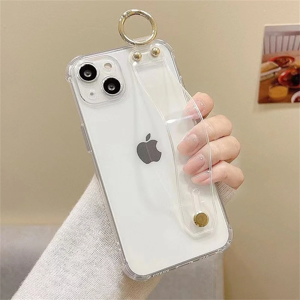 Funda trasera transparente con correa para la muñeca, carcasa a prueba de golpes para iPhone 15 Pro Max 14 13 12 Pro XsMax XR 11 12 Mini 7 8, soporte transparente para teléfono