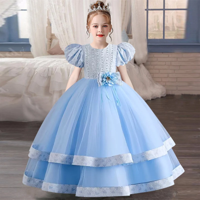 New Luxury Girls Dress Piano Performance Princess Dress High end Bubble Sleeve Flower Girl Host Dress Summer Girls Clothing4-12T