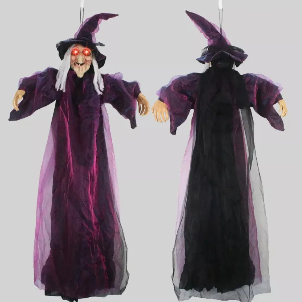 Halloween Life Size Talking Witch Purple Outdoor Spooky Animatronic Witch Sound Activation Decor Prop Red Eye Animated Witch