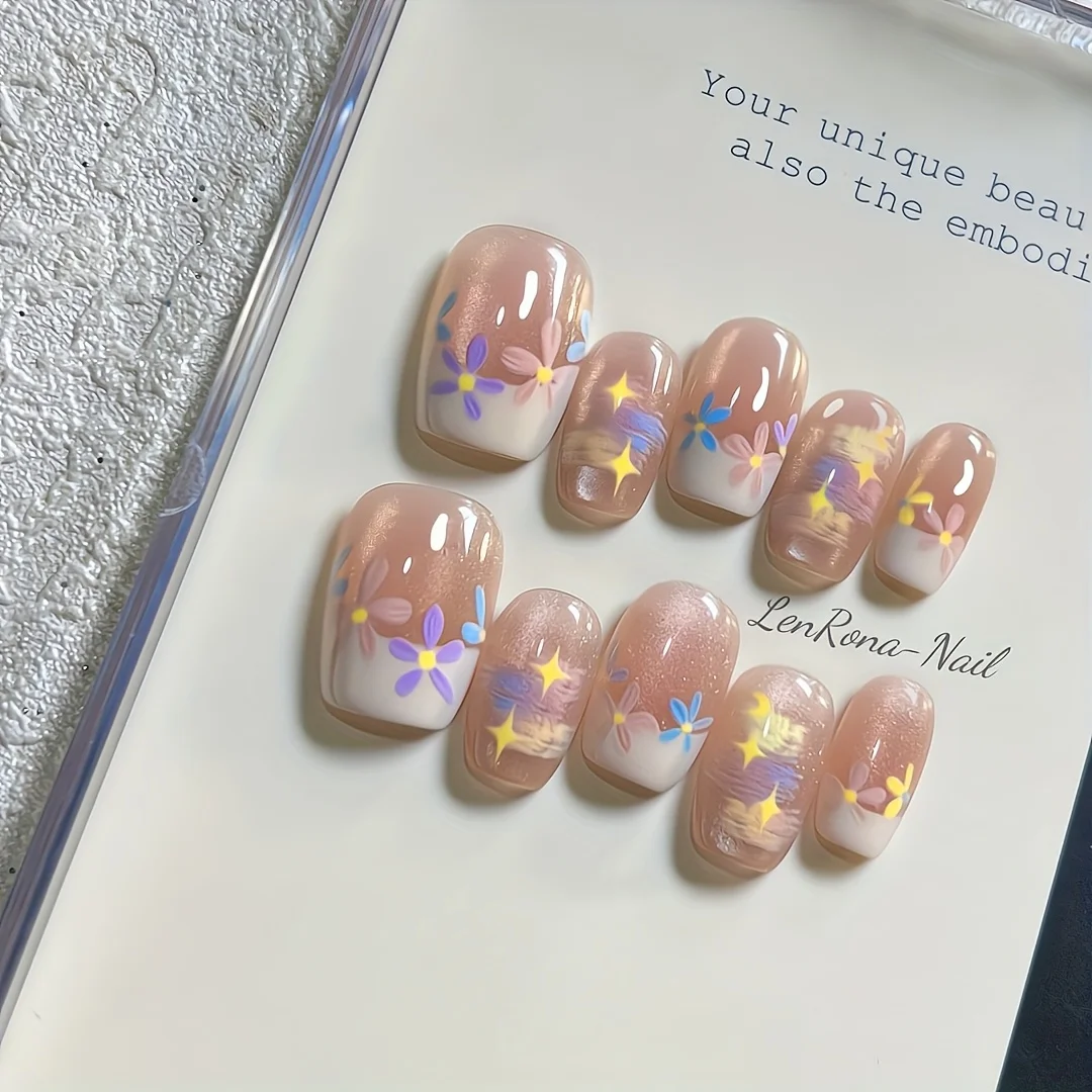 10 قطعة الصحافة اليدوية على الأظافر الربيع والصيف النفط اللوحة الدوبامين كريم الزهور الصغيرة وهمية مسمار للنساء والفتاة للإزالة مسمار