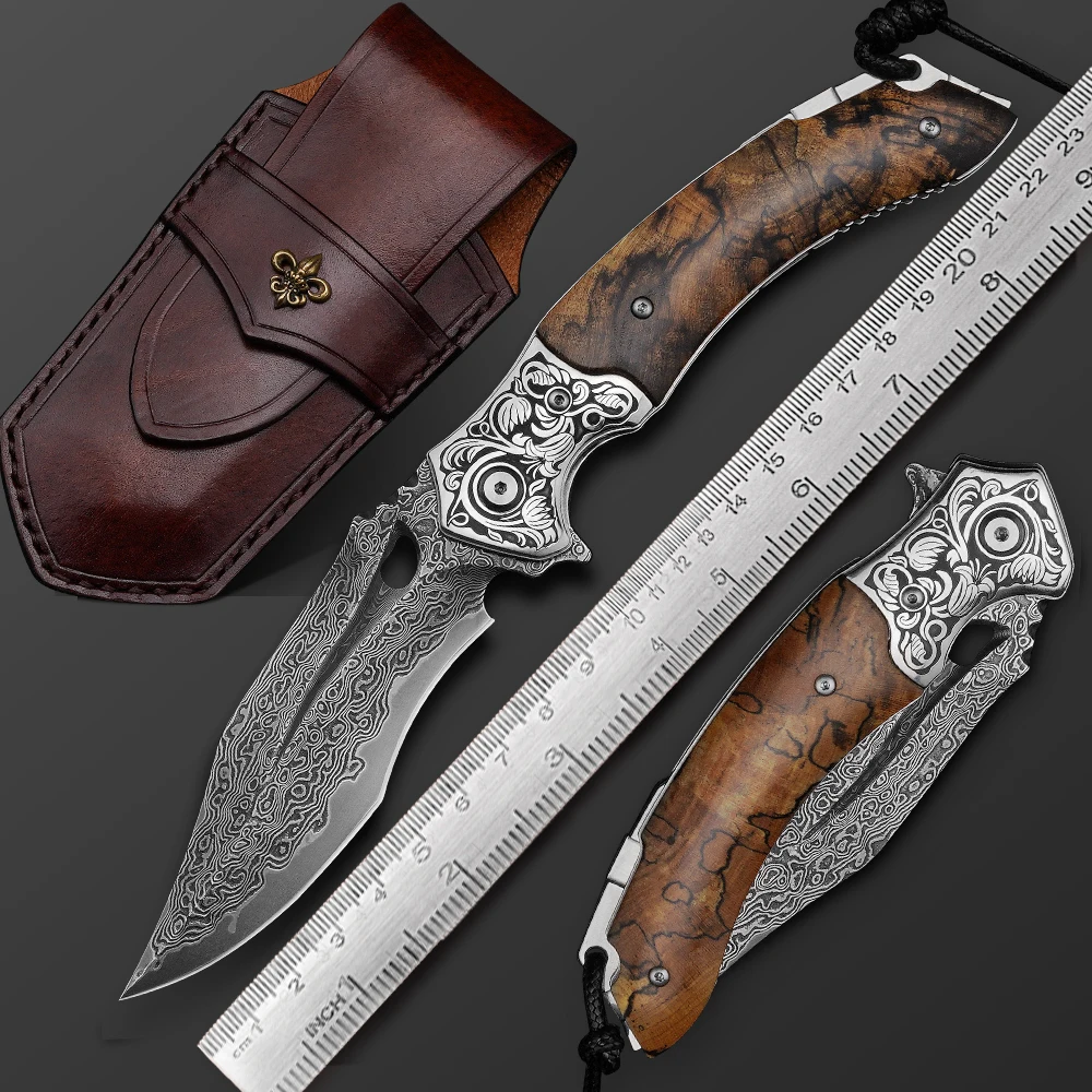 

TURENZ Japan Damascus steel VG10 steel core folding knife with holster field survival tool EDC tactical small folding knife