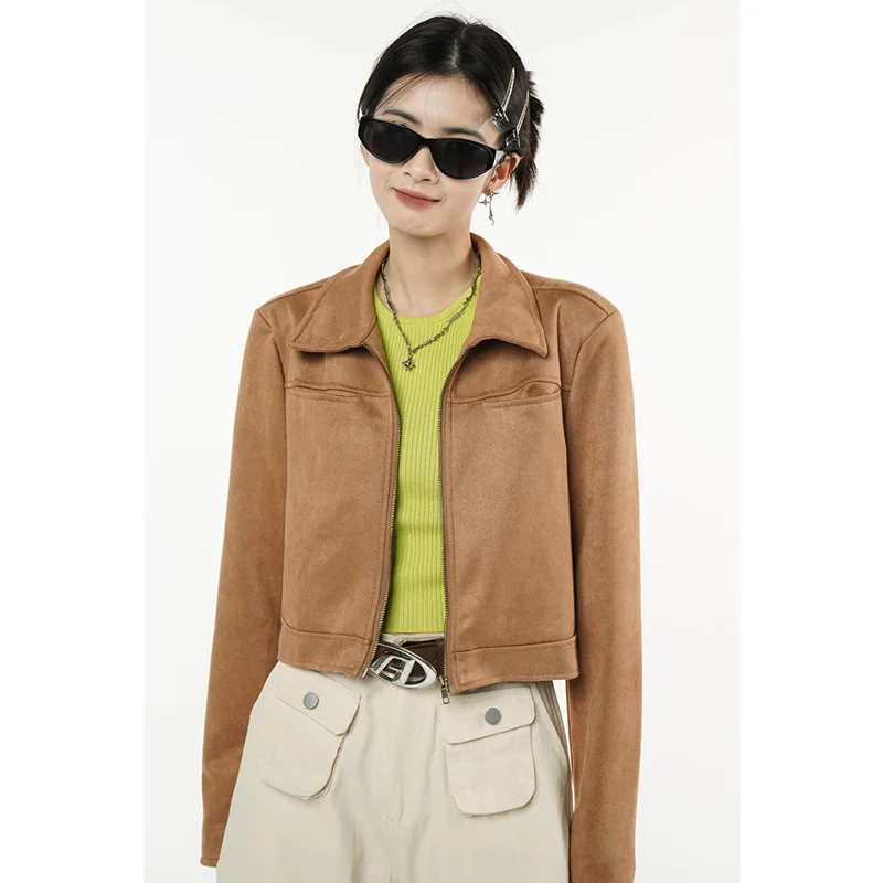 Vintage Brown Jacket Women Short Outwear American Fashion Streetwear Lazy Wind Leisure Winter Thickening Warm Cardigan Coat