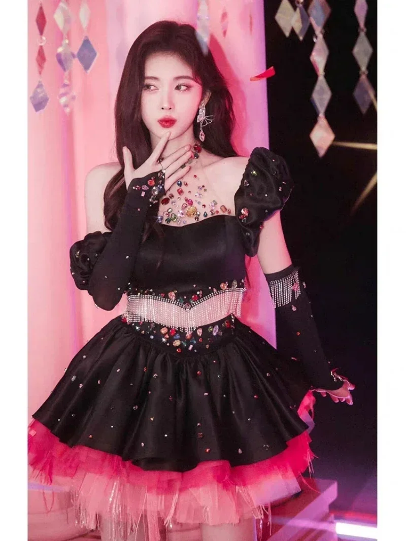 Kpop chanteur coréen Jazz danse Sexy noir T-shirt culture hauts femmes discothèque femme chanteuse danseuse tenues Mini jupe vêtements de scène