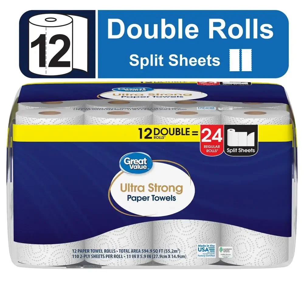 

Premium 2-Ply Ultra Strong White Paper Towels 12 Double Rolls Absorbent & Durable Kitchen Towel Split Sheets Cleaning Spills