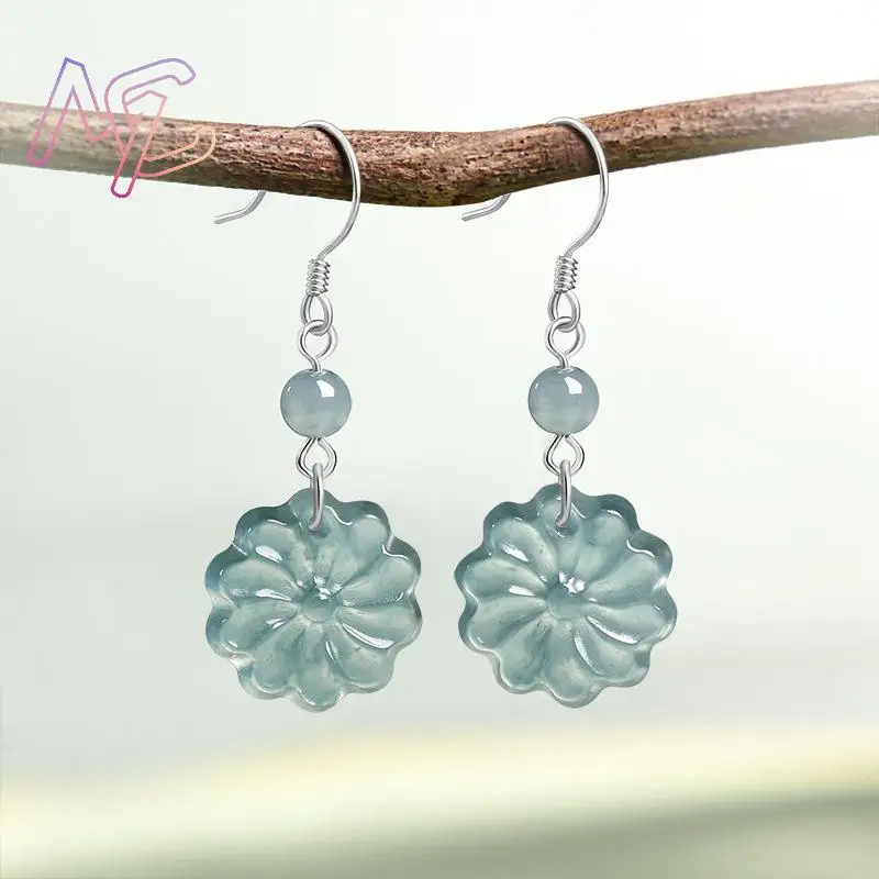 Grade A Myanmar Jadeite Flower Earrings Real Jade 925 Silver Fashion Accessories Vintage Natural Jewelry Energy Gifts for Women 3