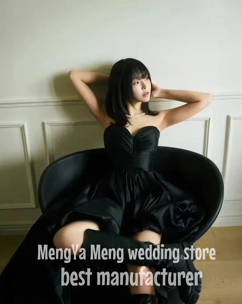 ZHUISHU Simple Black Taffeta Prom Dress Korea Wedding Photo Shoot Pleated Sweetheart Neck Evening Party Gown Corset Customized