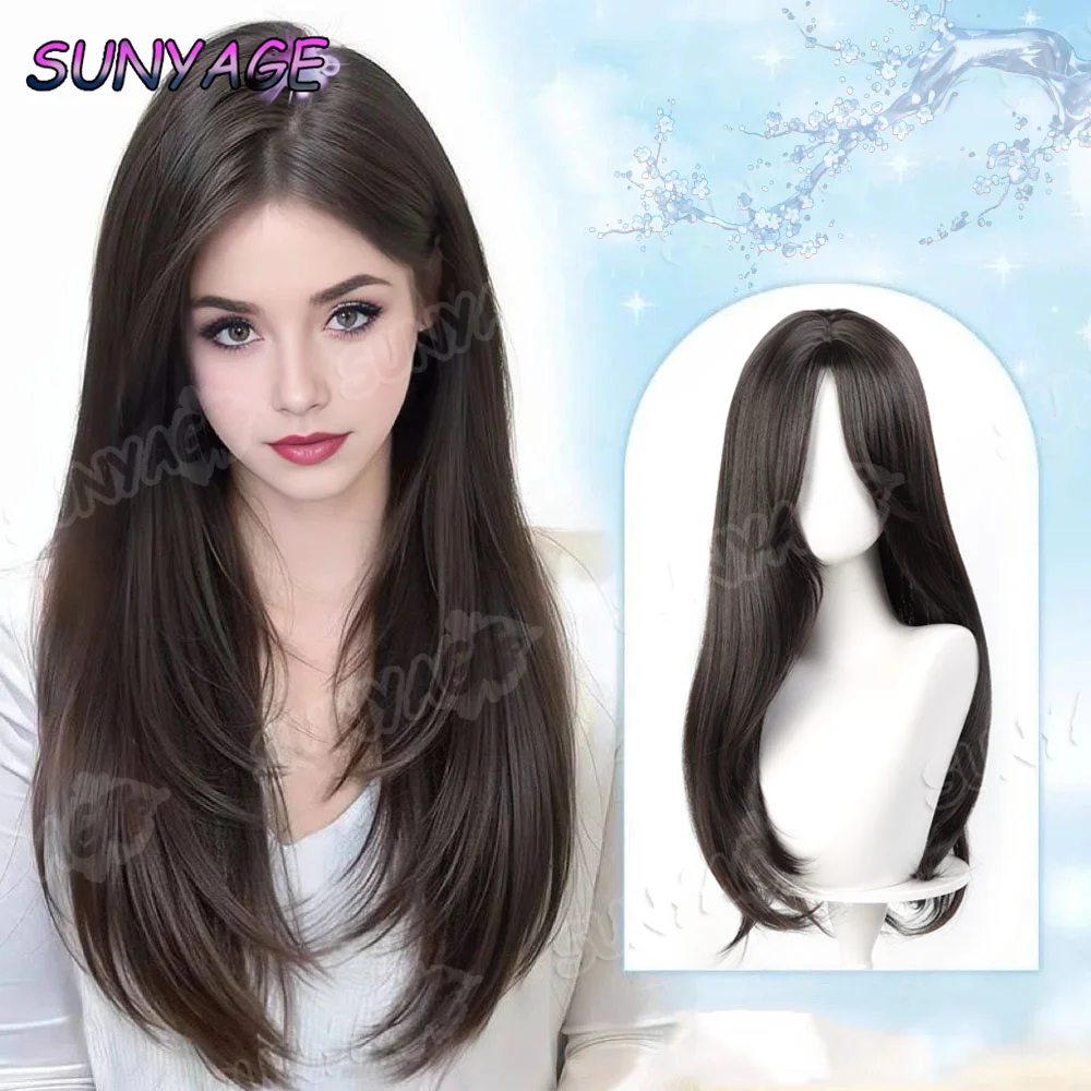 

Синтетический парик для женщин с длинными натуральными волосами Разделенный в высокие уровня Коричневый Черный Длинный цвет Прямые волосы Праздничная вечеринка