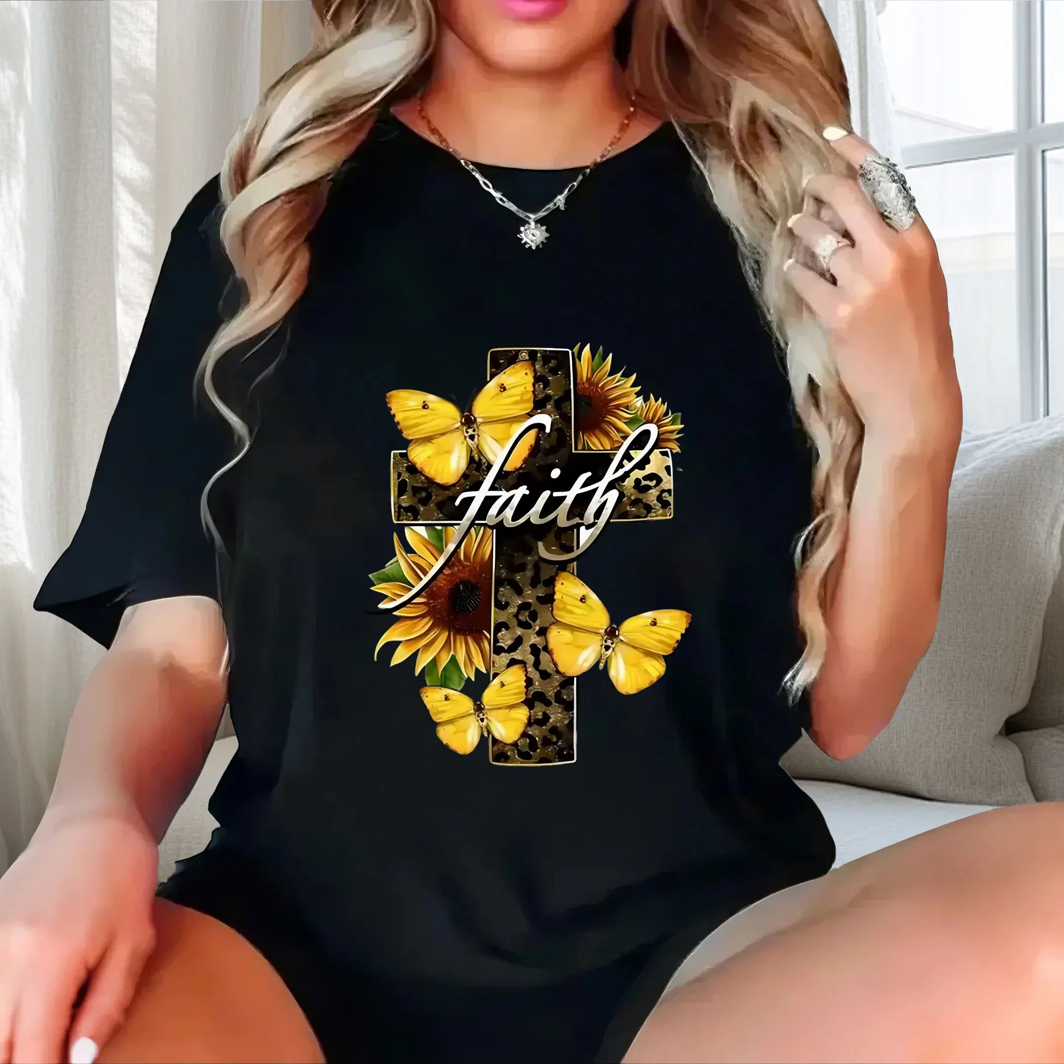 

plus size Ladies' casual short sleeved T-shirt black high performance-price ratio