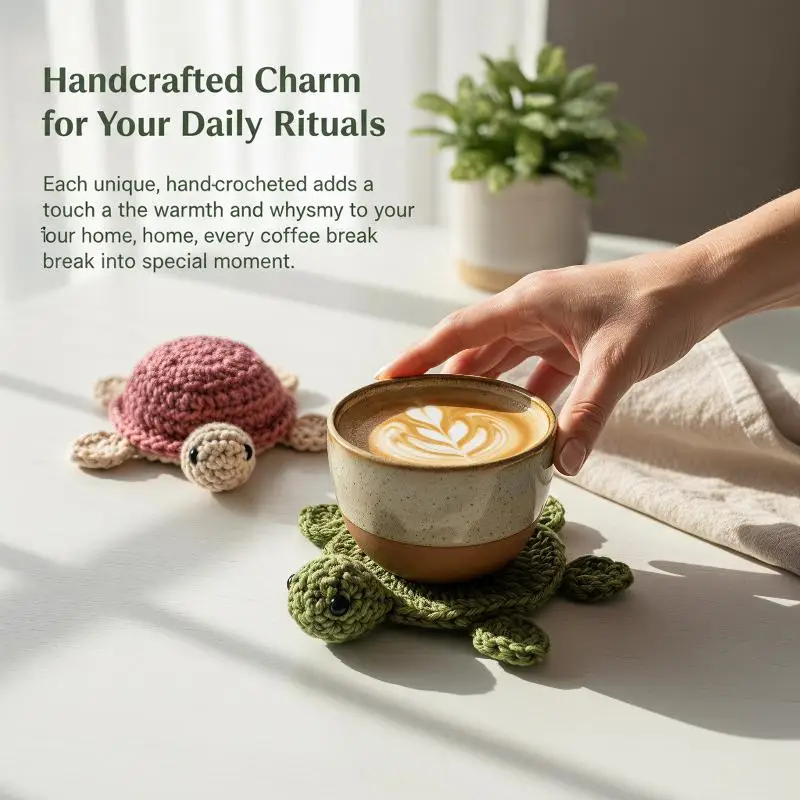 Handgemachter Häkeluntersetzer in Schildkrötenform, leicht zu reinigen, lustiger Tier-Becheruntersetzer, waschbare Strickunterlage für Zuhause, Küche, Kaffeetasse, Weihnachtsgeschenk – Detail 2