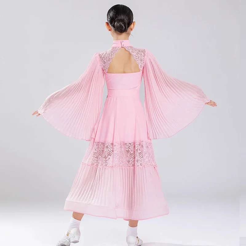 2025 Ballroom Dance Clothing For Girls Lace Mesh Long Sleeve Dress Big Swing Samba Chacha Tango Kids Modern Latin Dress DN21878