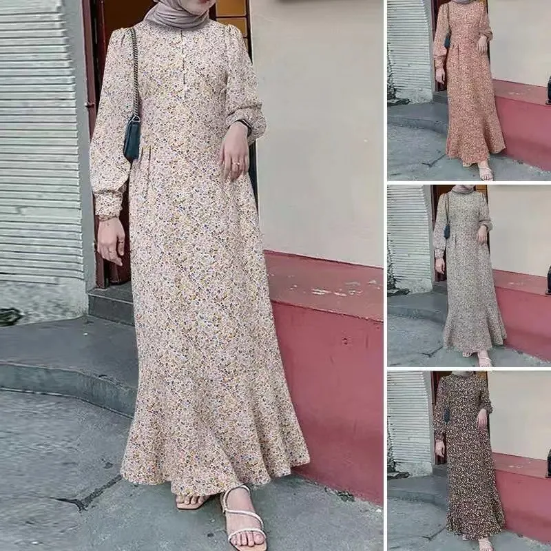 

Fashion Women's Muslim Bohemian Dress Elegant Modest Small Floral Print Dresses Made Satin Silk Chiffon Fabric Floral Robe Abaya