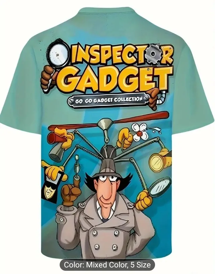 تي شيرت رجالي بطباعة ثلاثية الأبعاد من Inspector Gadget Retro من البوليستر كاجوال برقبة دائرية S-2XL