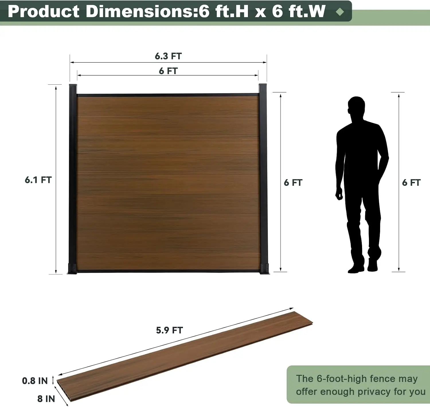 Privacy Fence Panels for Outside,6ft(W) x 6ft(H) Outdoor Privacy Panels with 1 Post,Wind Resistant Wood Plastic Composite Fencin