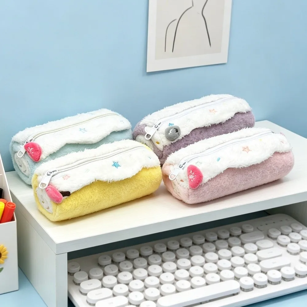 Portable Pencil Case Swiss Roll Shape Large Capacity Pencil Pouch Star Embroidery Soft Fluffy Stationery Pouch Students