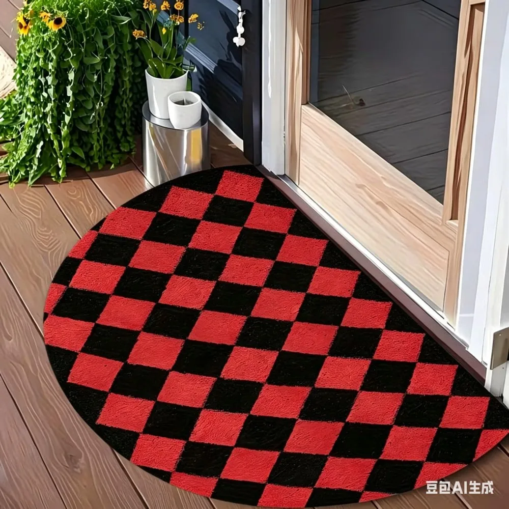 Modern Black and White Checkered Semi-Circle Doormat Non-Slip Half Moon Entrance Rug Classic Welcome Mat for Home Hallway
