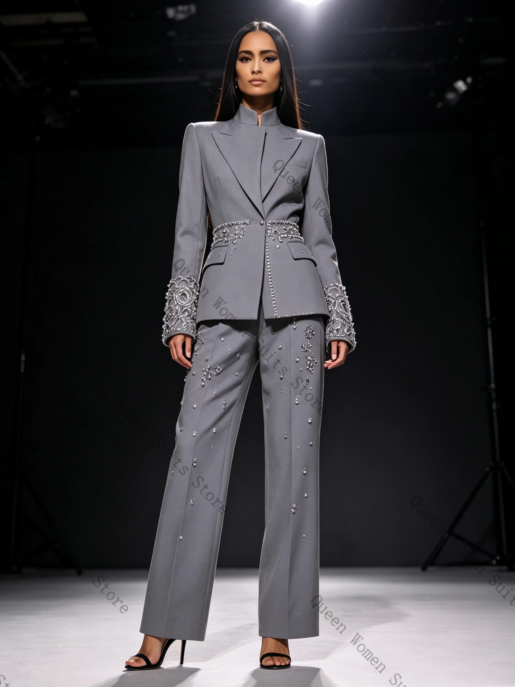 Grey Women Suit Set 2 Pcs Blazer+Pants Trousers Luxury Crystals Cotton Formal Office Lady Jacket Wedding Coat Customized