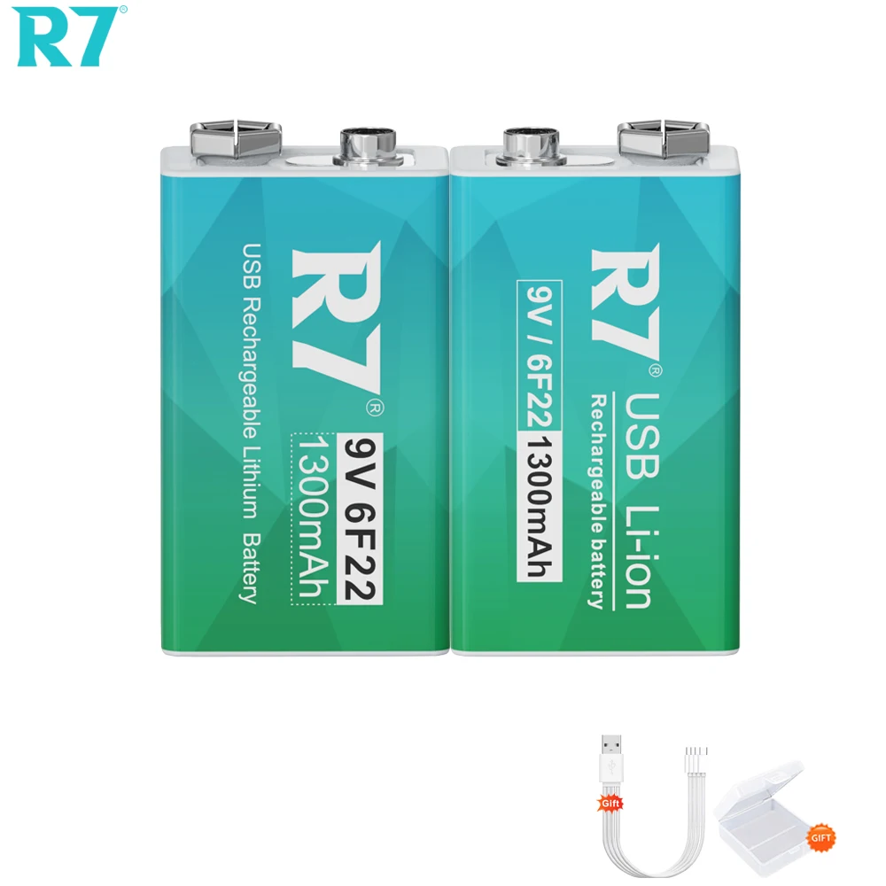 

R7 9V battery 1300mAh USB Type-C 6F22 rechargeable 9v batteries for Metal Detector Multimeter + Gift Cable