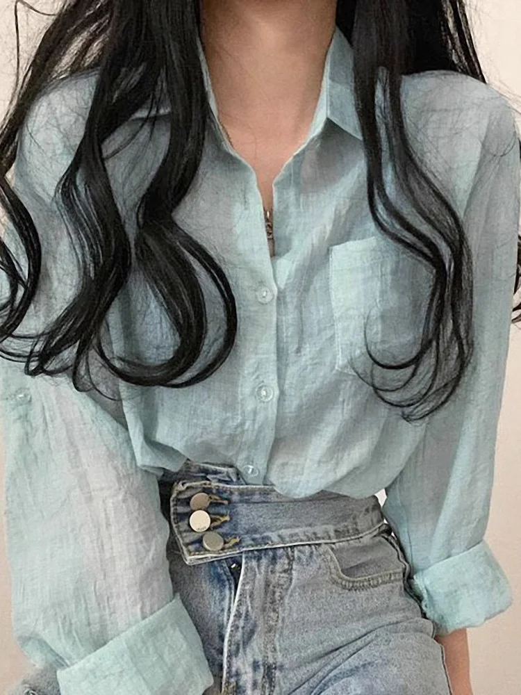 

Summer Women's Loose Cotton Linen irt Long Sve Sun Protection Fre Lightweight Classic Collar ket Detail Button...