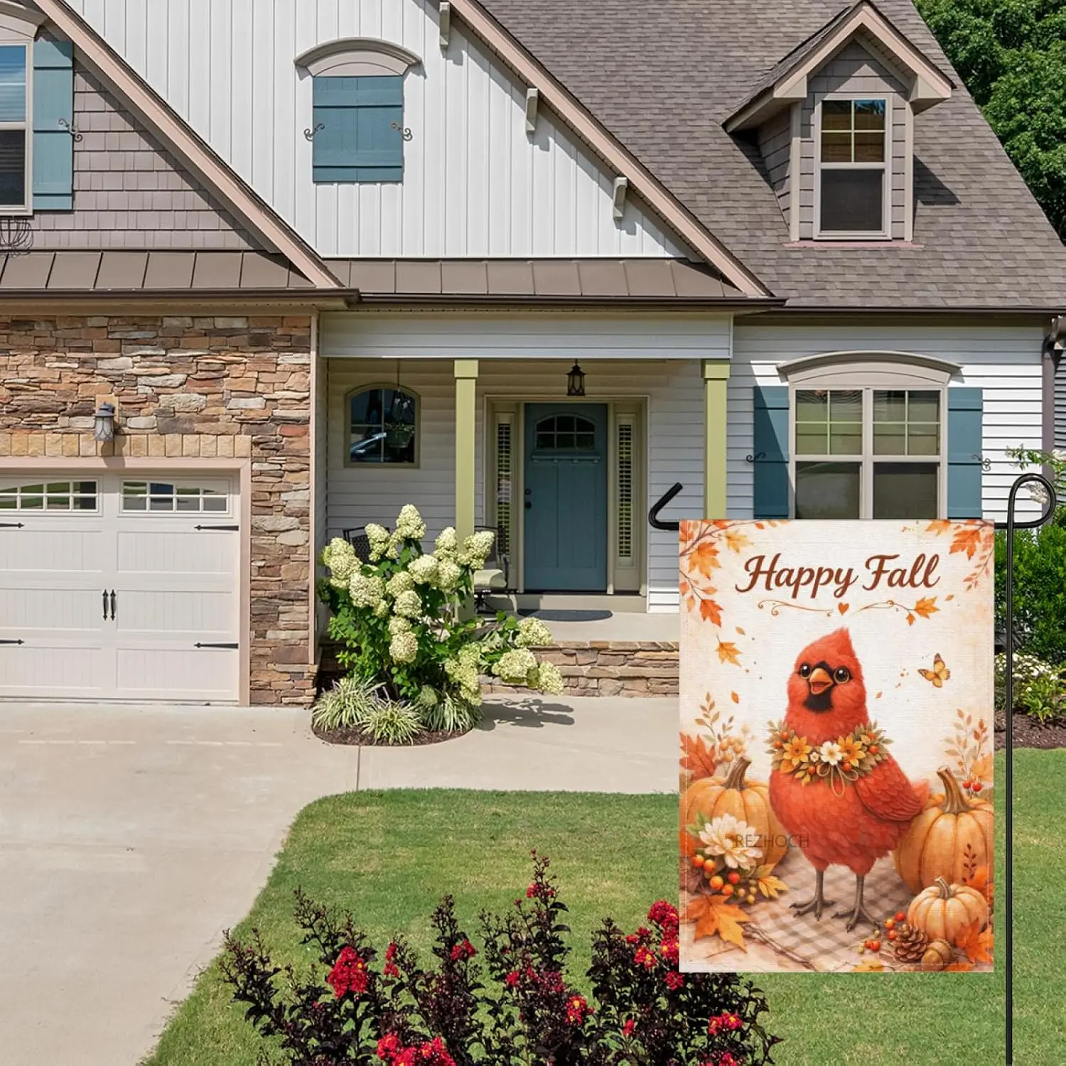 Happy Fall Garden Flag 28x40Inch,Autumn Fun Red Cardinal Pumpkins Maple Leaves Outdoor Yard Decor,Cute Animal Farm Double Si AAS