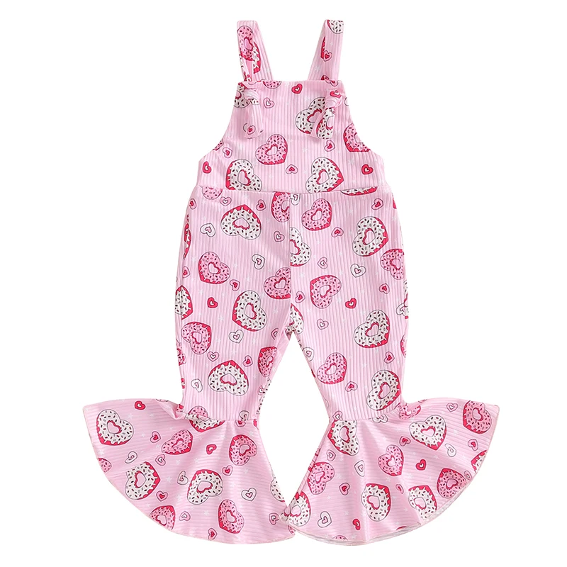 

1-4T Infant Baby Girl Overalls Valentine's Day Donut Print Sleeveless Flared Romper Jumpsuit for Newborn Toddler Cute Clothes