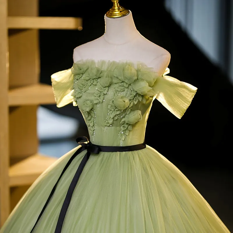 Vestido de fiesta de quinceañera verde, elegante vestido de encaje con hombros descubiertos para baile de graduación con foto Real, talla grande 2023