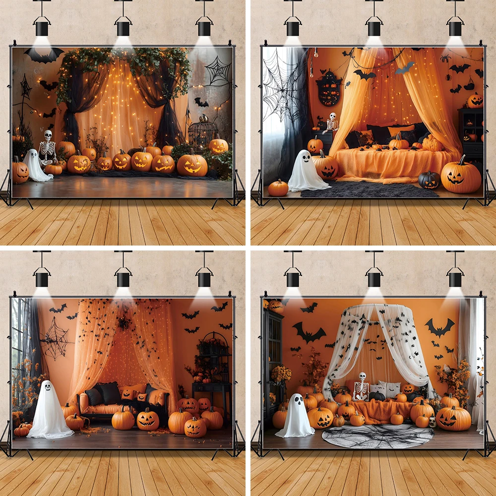 Halloween Orange Tent Pumpkin Backdrops for Photography Bat Scary Pumpkin Spider Web Bedroom Bed Background Photo Booth Props