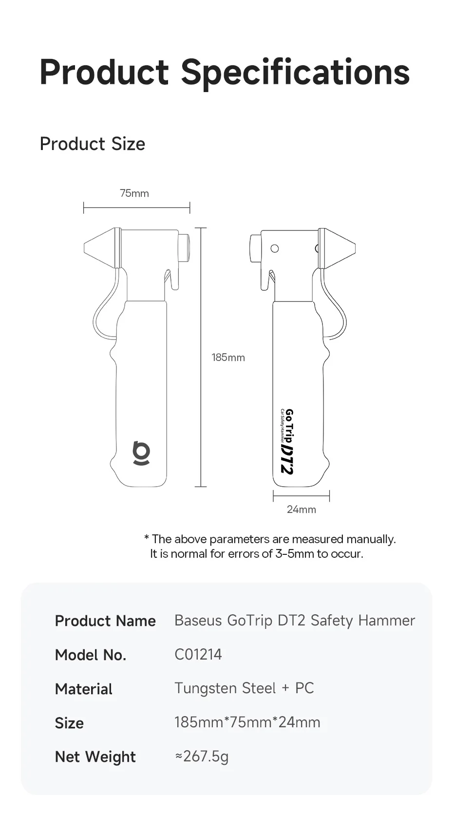 Baseus GoTrip DT2 Auto-Sicherheitshammer 2-in-1 Fensterzerschläger Gurtschneider Wolframstahlspitze Notfall-Flucht- und Rettungswerkzeug – Detail 20