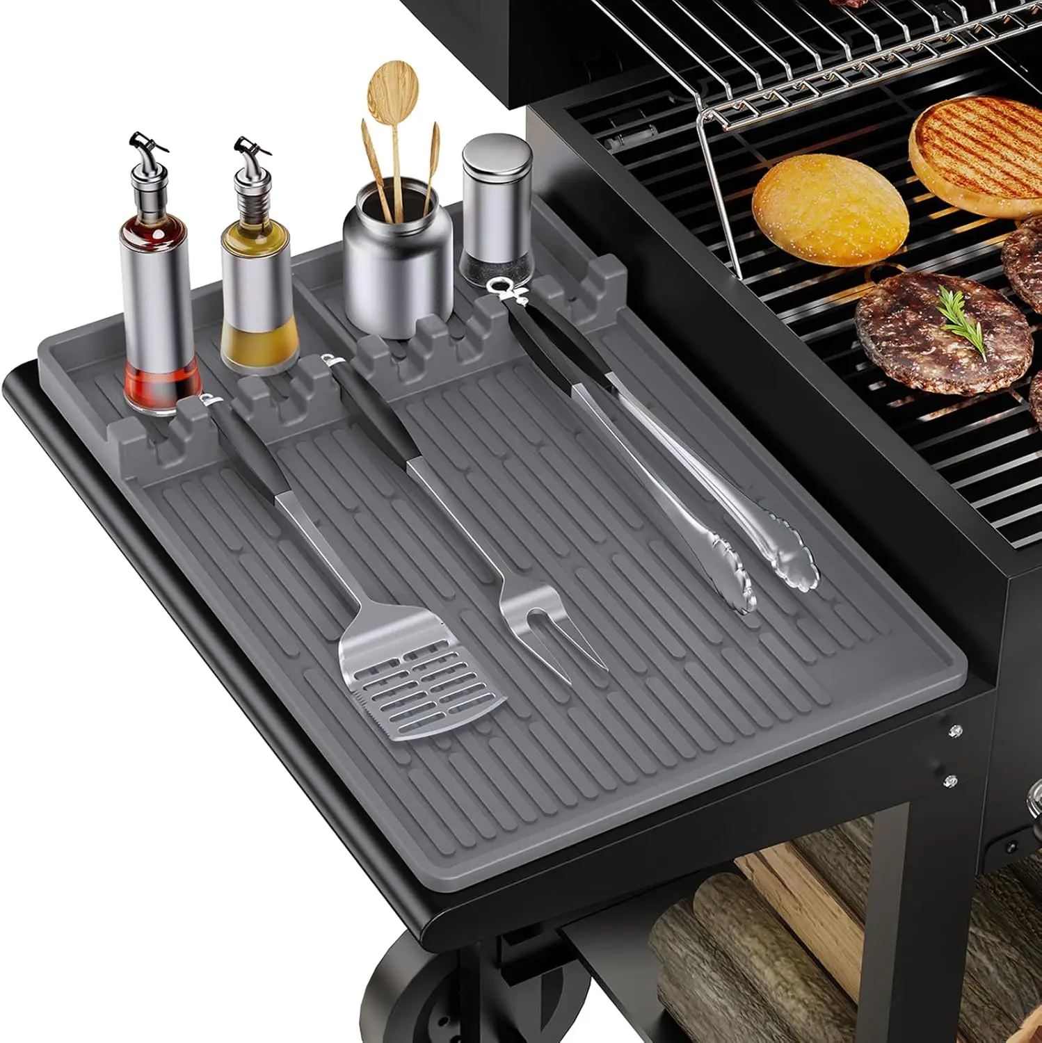 Large Silicone Griddle Mat for Blackstone, BBQ Tool Rest with Spice Jar Holders, Grey