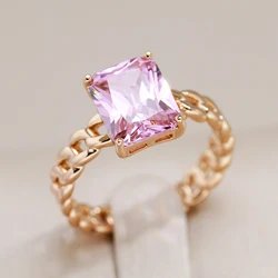 Kinel Hot Big Square Pink Natural Zircon Rings For Women Luxury 585 Rose Gold Color Bride Wedding Party Open Ring Daily Jewelry