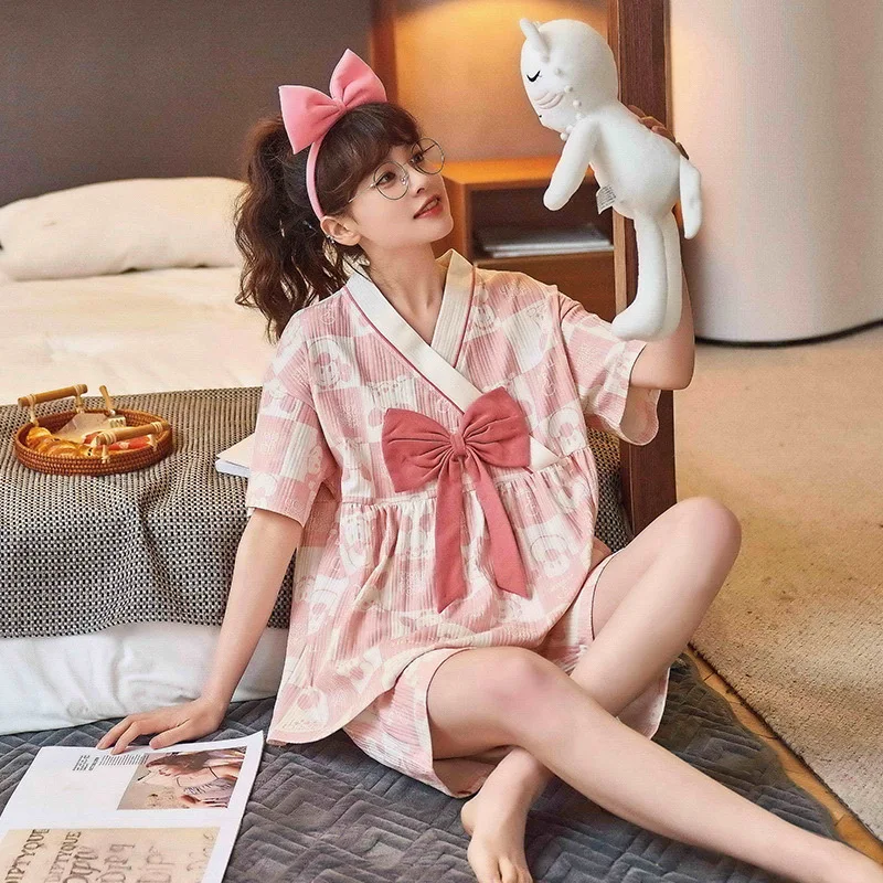 

New Summer Japanese kimono Suit ladies Cotton Short-Sleeved Shorts Pajamas two-piece set thin Women Nightwear Pjs Home Clothing