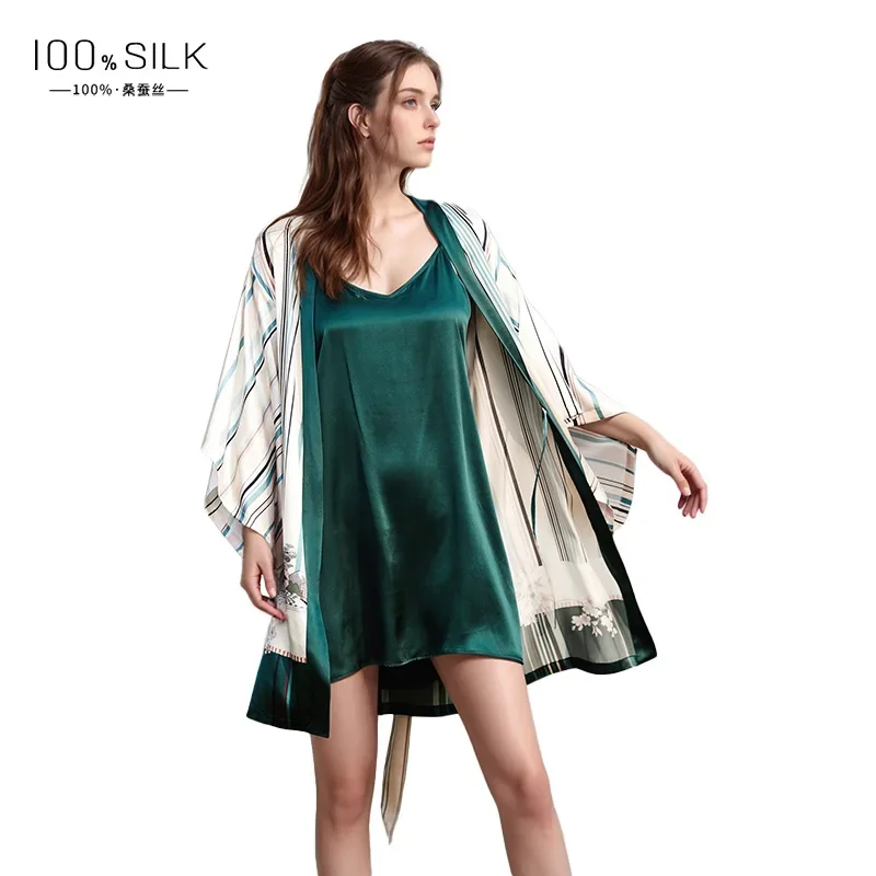 

Printed 19MM 100% Mulberry Silk Nightdress Bathrobe Set 2 Pcs Women's Sexy Chemise Nightgown Kimono Sleepwear Set Lingerie PJS