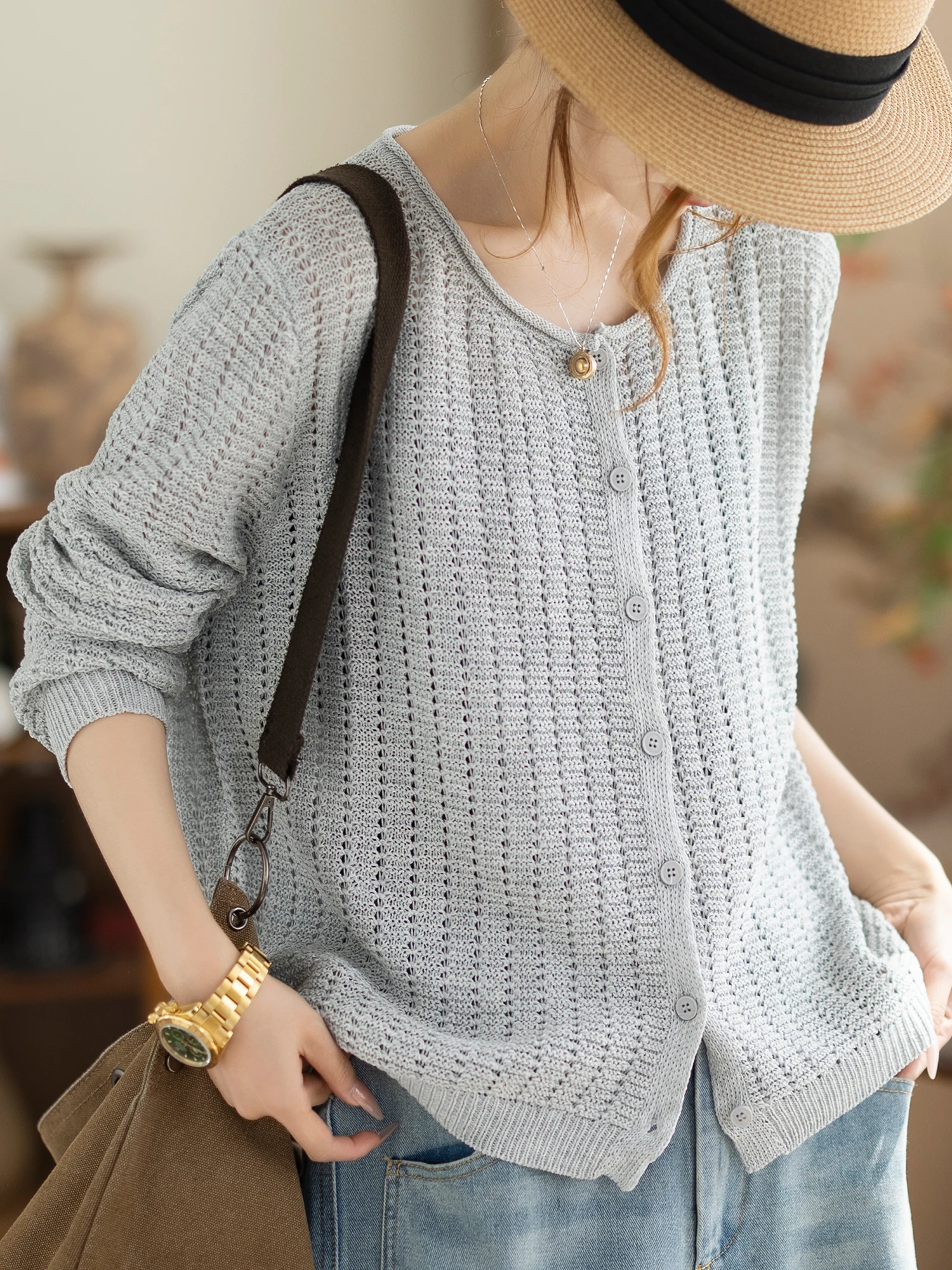 

Kamiyu Women's Knitted Open Cardigan Spring Summer New Style White Hollow out Single Button Thin Sun Protection Outerwear Top