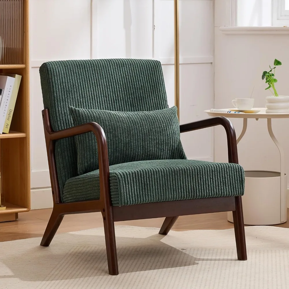 

Mid-Century Modern Corduroy Accent Chair, Living Room Chairs with Lumbar Pillow - Boho Armchair w/Solid Wood Frame for Living Sp