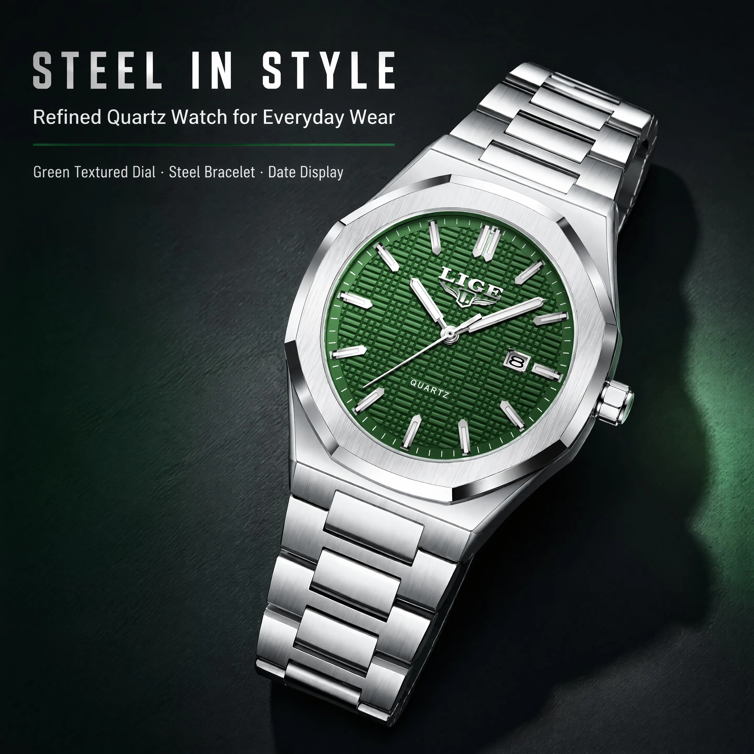 LIGE Luxus-Herrenuhr, Top-Marke, klassischer Business-Stil, Edelstahl, Doppelkalender, Quarzwerk, Armbanduhr für Herren, reloj