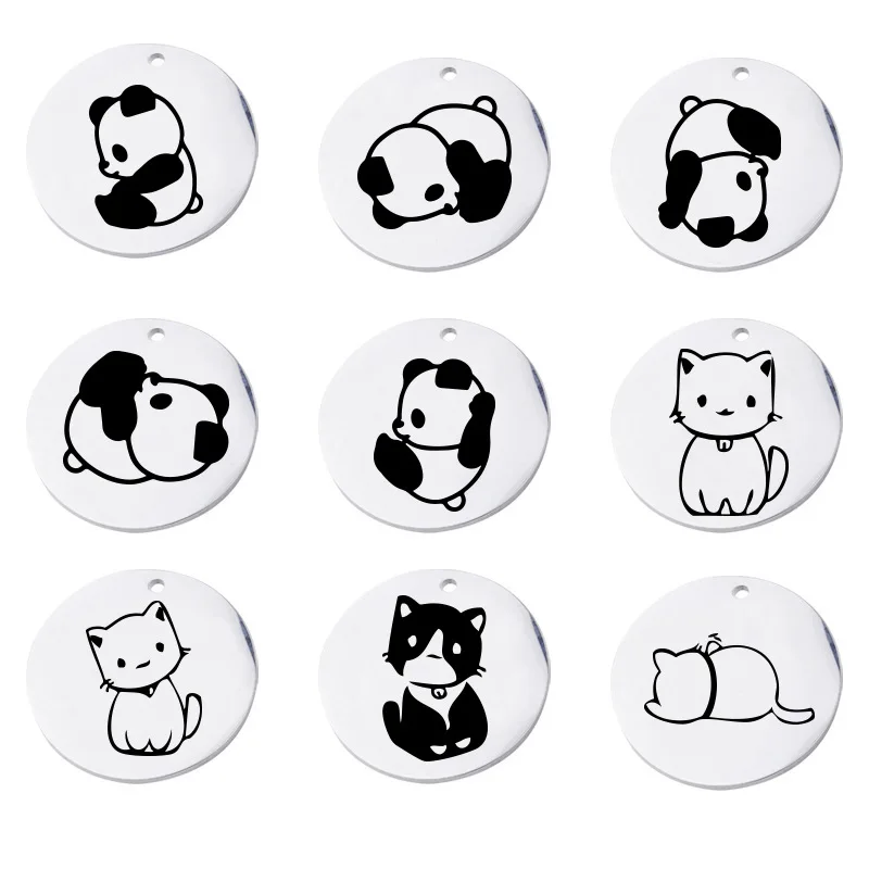 

5Pcs/Lot Stainless Steel Round Animal Cartoon Panda Bear Cat Charms Pendant For Necklace Bracelet DIY Jewelry Making Accessories