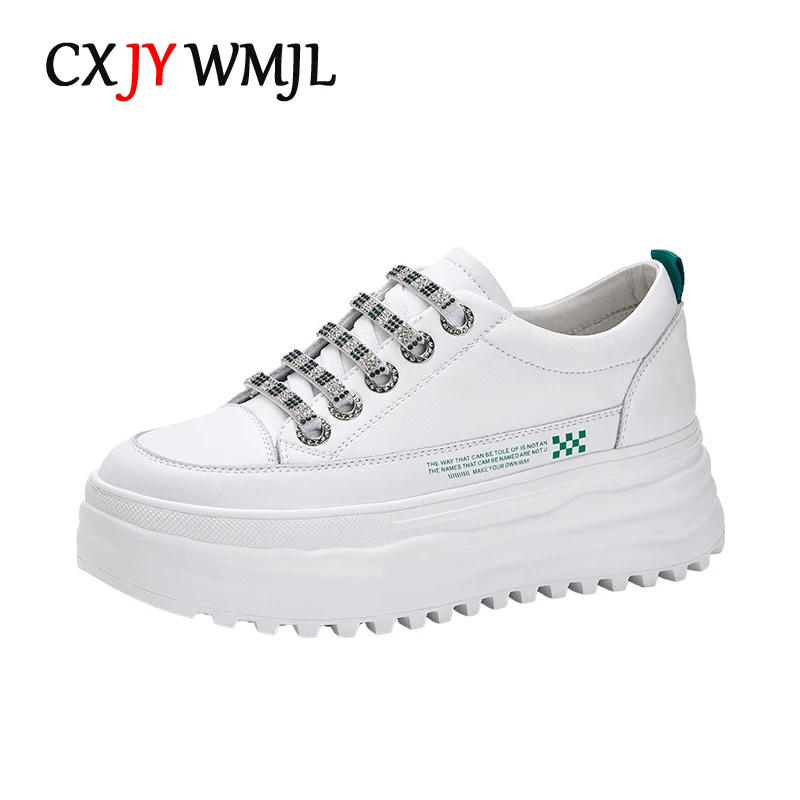 

CXJYWMJL Genuine Leather Platform Sneakers Women Wedgies Casual Vulcanized Shoes Ladies Thick Bottom Court Sneaker White Lace up