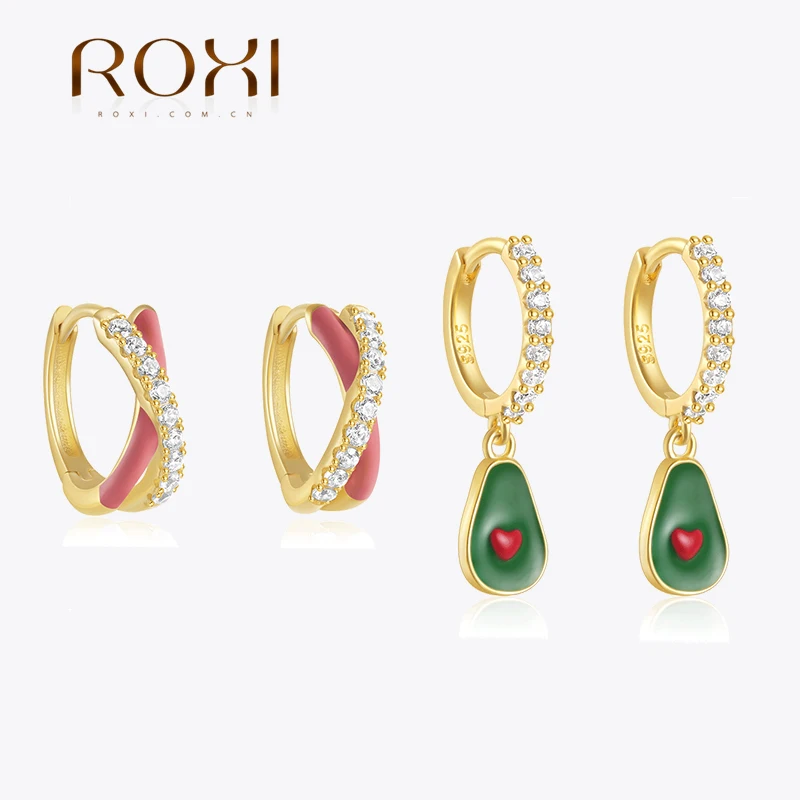 ROXI 925 Sterling Silver 1Pair Enamel Double Cross Zircons Hoop Earring For Women korean Avocado/Bowknot Charms earrings jewelry