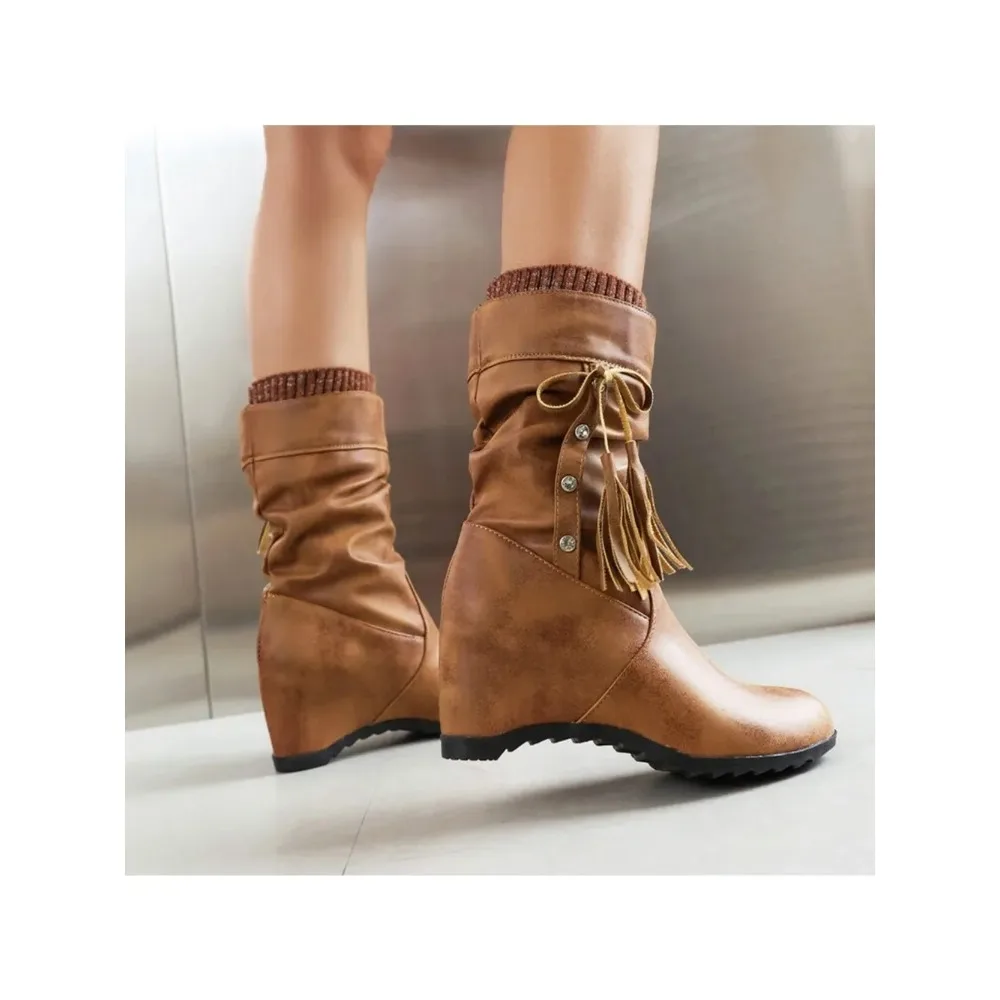 

Women's Wedge Heel Slouchy Mid Calf Boots Tassel Fringe Fold Over 5 Colors PU Leather Western Boots 9-78