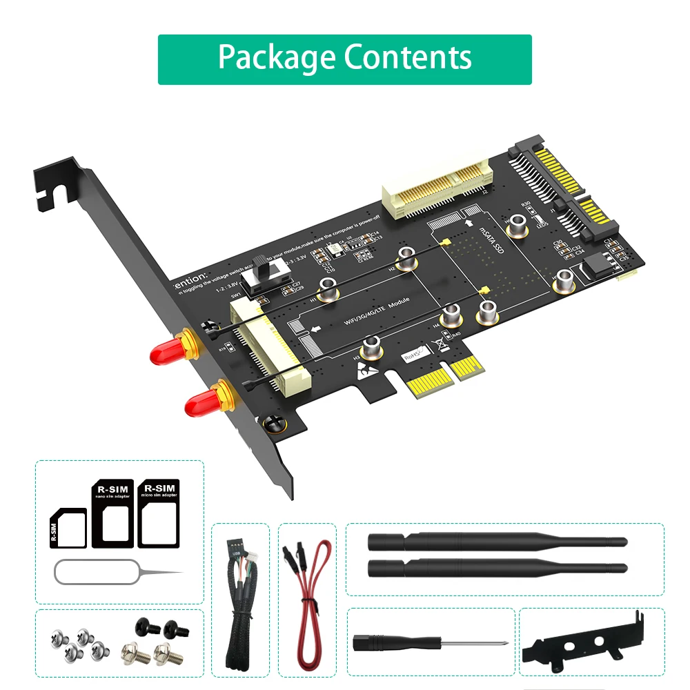 

Комбинированный адаптер 2 в 1 Mini PCI-E — PCI-E 1x и MSATA — SATA3 со слотом для SIM-карты для Wi-Fi/3G/4G/LTE/MSata SSD