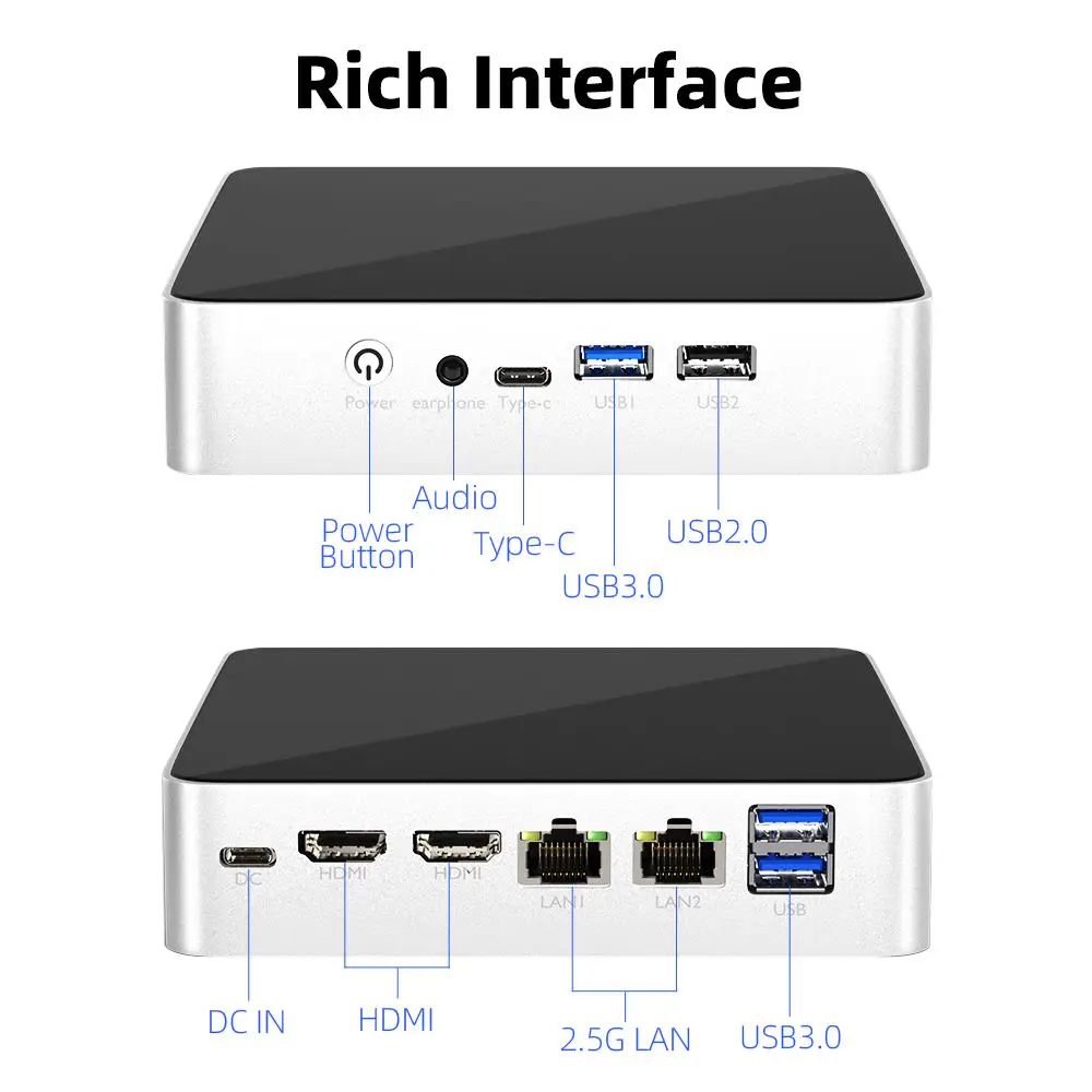 Mini PC Intel N100 16GB DDR4 1TB M.2 NVMe SSD WiFi Bluetooth Windows10/11 Linux TYPE-C 2xHDMI2.0 4K 60Hz 2x 2.5G Ethernet