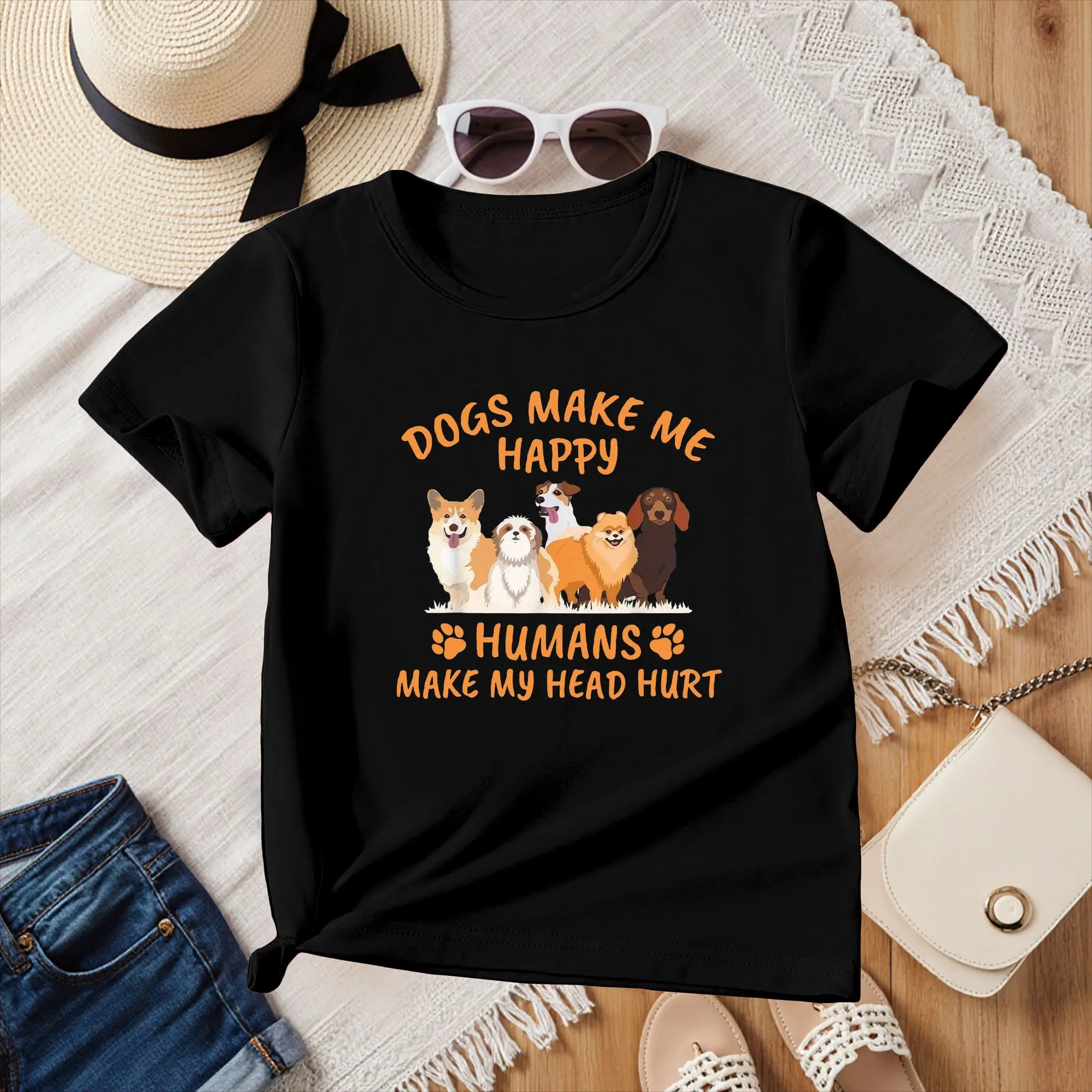Dogs Make Me Happy Humans Make My Head Hurt Funny Gift T-Shirt  Summer Crewneck Streetwear Women Clothes Casual Y2k Tee Shirts