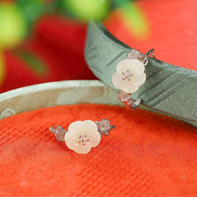 S925 Hetian Jade Style Vintage Plum Blossom , Fashionable Floral Silver Drop Earrings