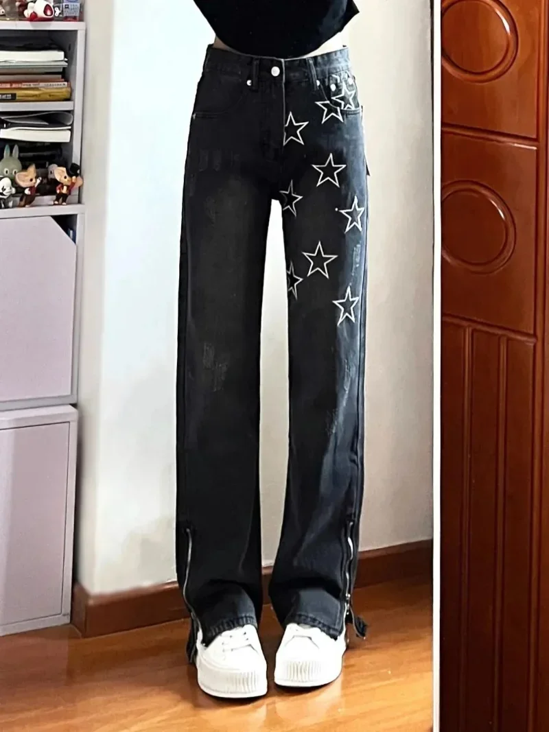 

Vintage Clothes Y2k Jeans High Waist Solid Color Wide Leg Zipper Design Sense Vaqueros Star Embroidery Print Cargo Pants Women