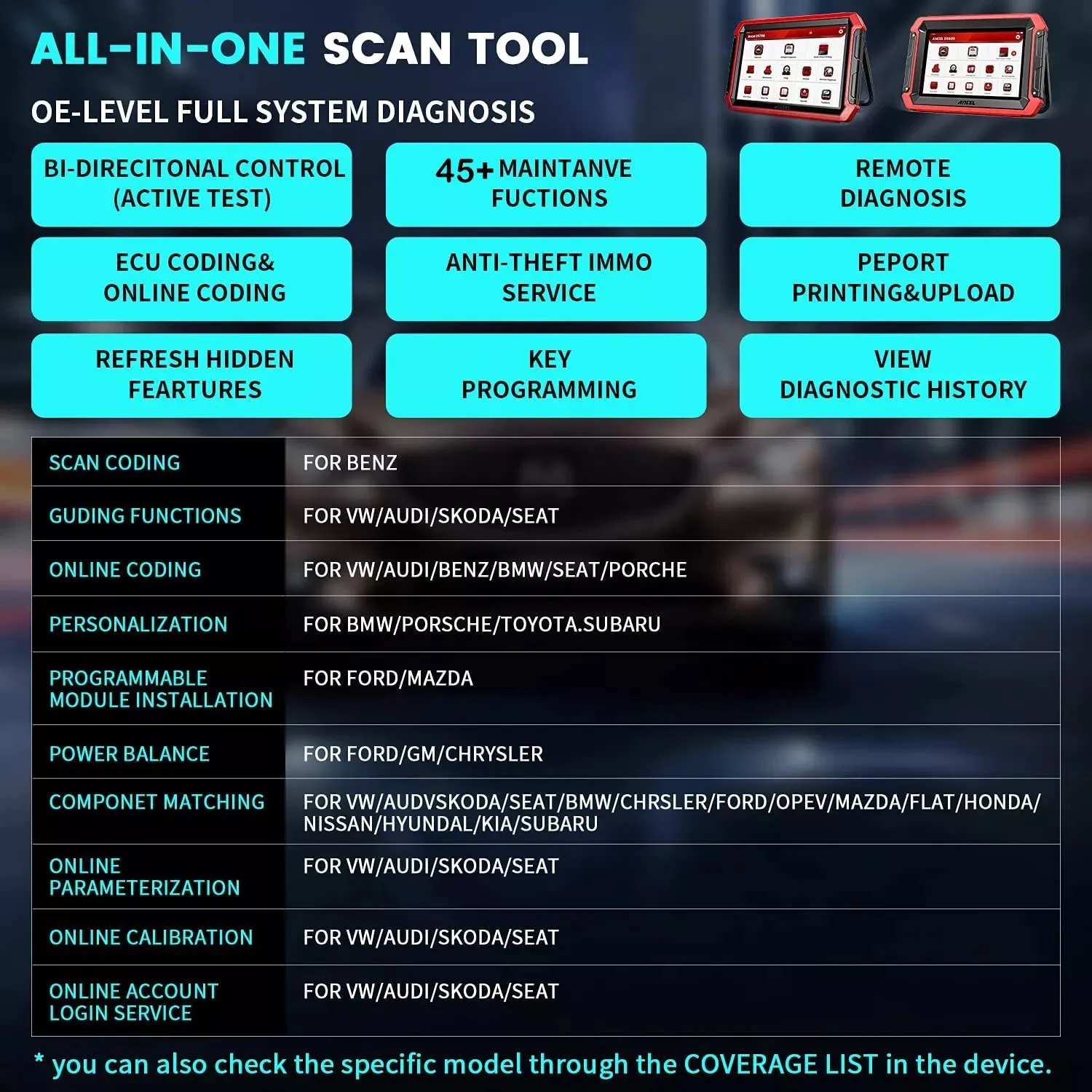 ANCEL DS700 Skaner samochodowy OBD2 Wszystkie systemy IMMO 40 Reset Aktywny Test AF Regulacja kodowania ECU Narzędzia diagnostyczne TPMS Czytnik