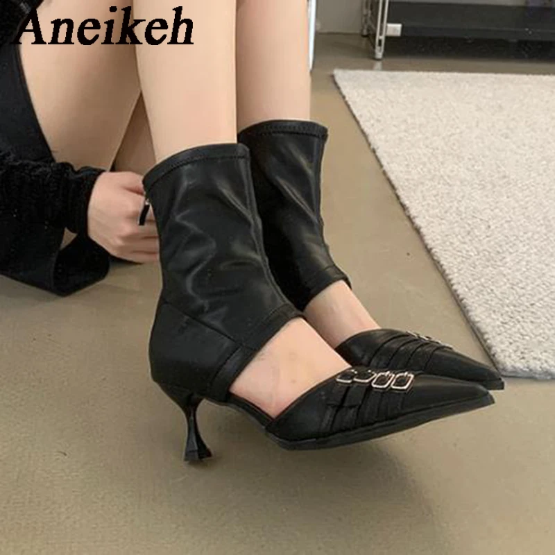 Aneikeh Women Thin Heel Sewing Mid Calf Modern Boots 2025 Denim Pointed Narrow Band Buckle Decorative Hollow Out Sandals Boots